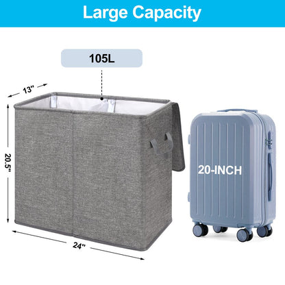 Double Laundry Hamper with Lid and Removable Laundry Bags, Large Collapsible 2 Dividers Dirty Clothes Basket with Handles for Bedroom, Laundry Room, Closet, Bathroom, College, Dark Gray