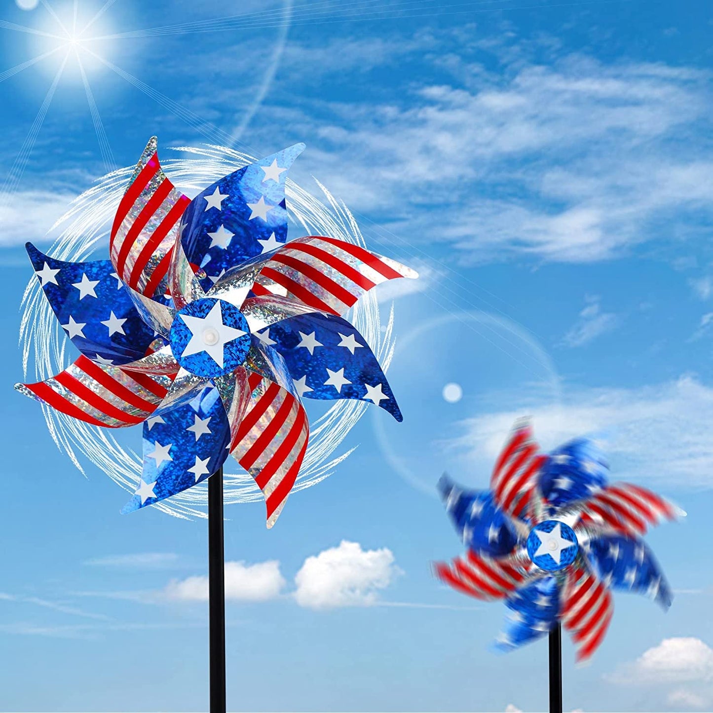  10 Pack Reflective Pinwheels Patriotic Decorations, American Flag on Stick Wind Spinner with Stake for Independence Day, Memorial Day July of 4th Party Supplies, Scare Birds Repellent Devices