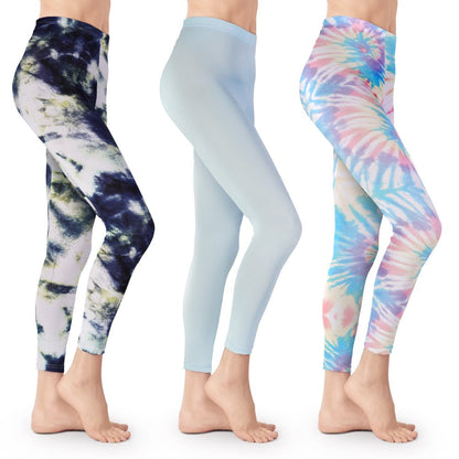 3 Pack Tie Dye Leggings - Athletic Casual Lounge and Yoga Pants Double Brushed 4-Way Stretch