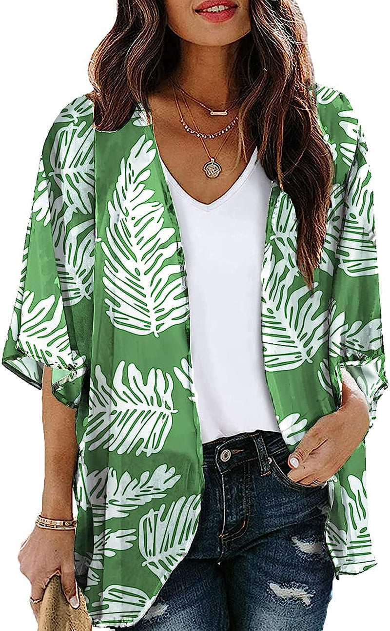  Women Floral Leaf Kimono Summer Cardigan Sheer Loose Half Sleeve Beach Shawl Chiffon Cover Up Casual Blouse Tops