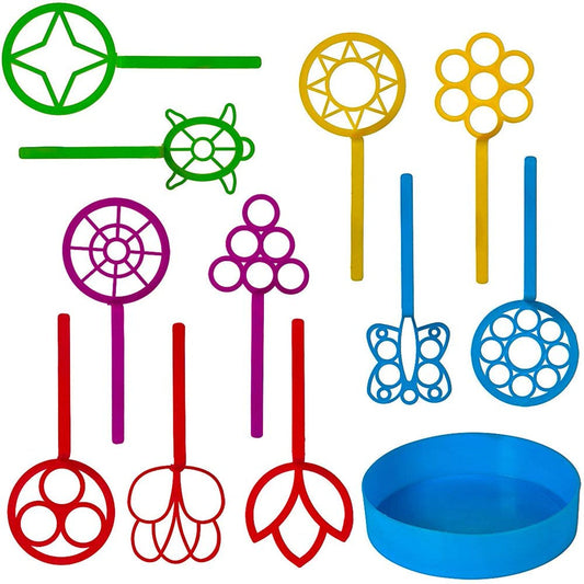 Bulk Bubble Wand Set of 11 - Assorted Shapes and Colors | Bubble Maker Toy with Bubble Solution Tray | Party Favor for Kids | Big Bubble Wand Included