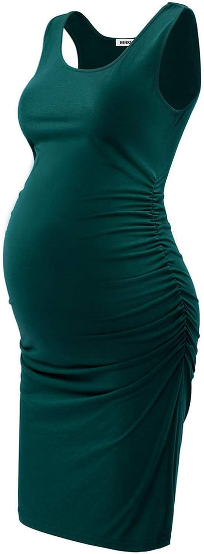 Maternity Tank Dress Bodycon Sleeveless Casual Short Ruched Midi Fitted Dress for Pregnant Women