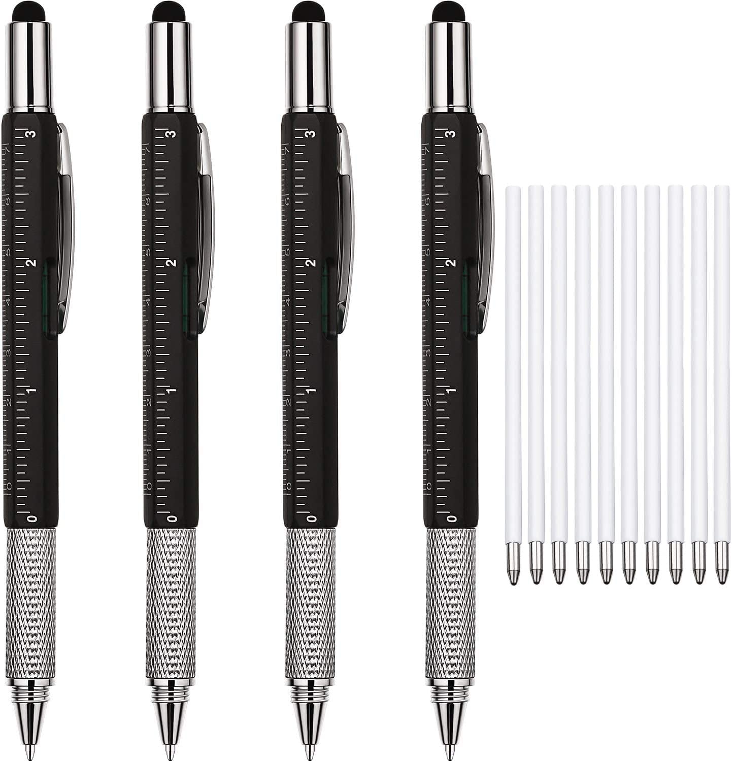 4 Pieces Gift Pen for Men 6 in 1 Multitool Tech Tool Pen Screwdriver Pen with Ruler, Levelgauge, Ballpoint Pen and Pen Refills, Unique Gifts for Men (Red, Green, Blue, Gray)