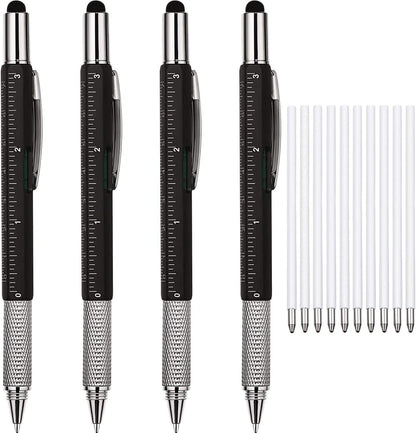 4 Pieces Gift Pen for Men 6 in 1 Multitool Tech Tool Pen Screwdriver Pen with Ruler, Levelgauge, Ballpoint Pen and Pen Refills, Unique Gifts for Men (Red, Green, Blue, Gray)