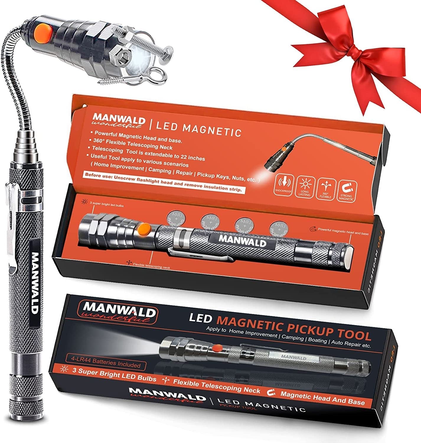  Telescoping Magnetic Pickup Tools, LED Magnetic Flashlights with Extendable Magnet Stick, Birthday Gifts for Men, Dad, Husband, Craftsman and Mechanic, Black