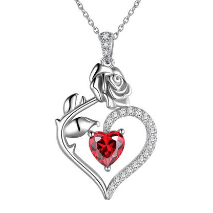 925 Sterling Silver Birthstone Necklace -  Rose Flower Heart Pendant with Chain
