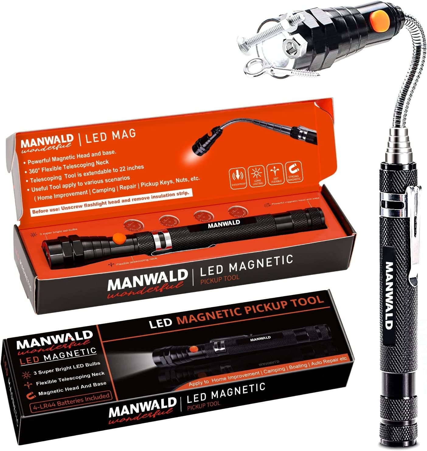  Telescoping Magnetic Pickup Tools, LED Magnetic Flashlights with Extendable Magnet Stick, Birthday Gifts for Men, Dad, Husband, Craftsman and Mechanic, Black