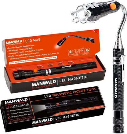  Telescoping Magnetic Pickup Tools, LED Magnetic Flashlights with Extendable Magnet Stick, Birthday Gifts for Men, Dad, Husband, Craftsman and Mechanic, Black