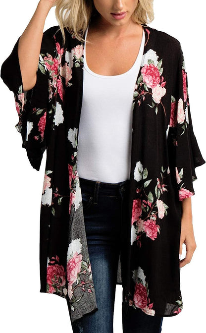  Women's Flowy Summer Chiffon Kimono Cardigans Tops Boho Floral Beach Cover Ups Casual Loose Shirts