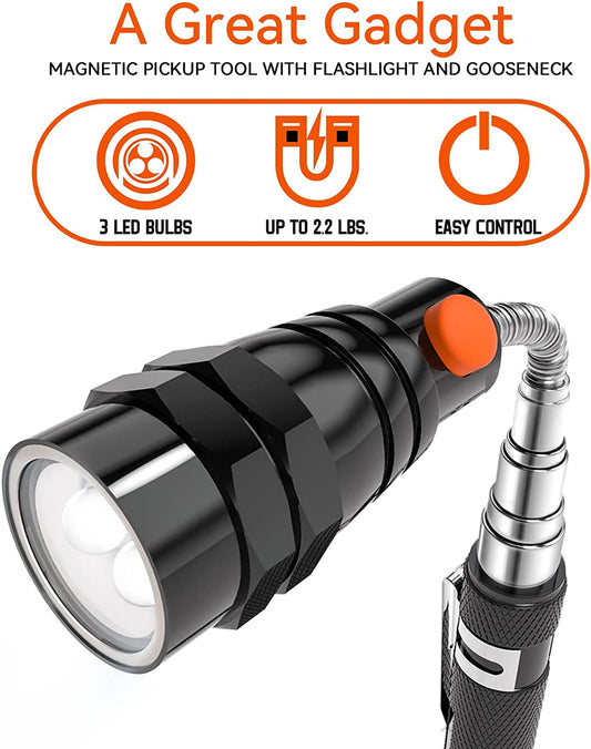  Telescoping Magnetic Pickup Tools, LED Magnetic Flashlights with Extendable Magnet Stick, Birthday Gifts for Men, Dad, Husband, Craftsman and Mechanic, Black
