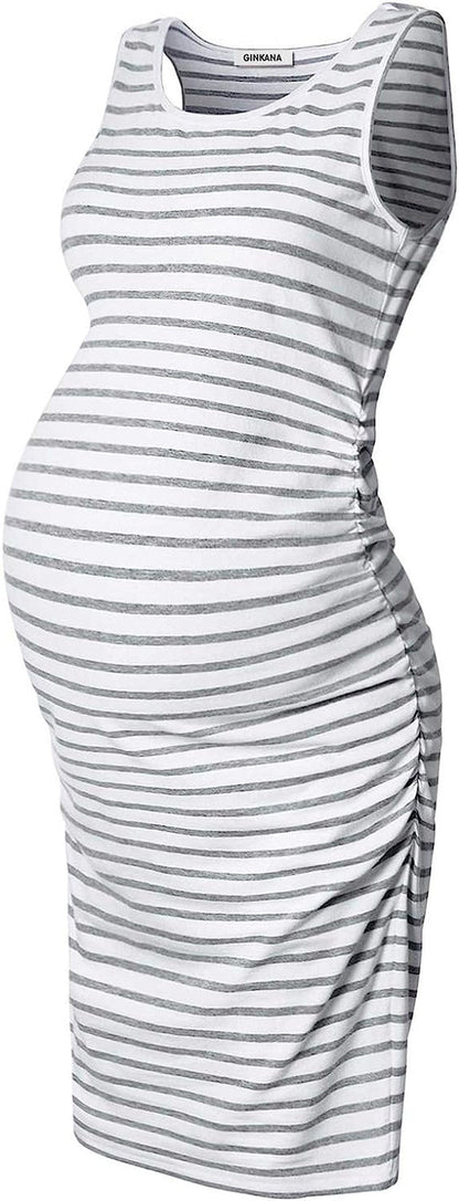  Maternity Tank Dress Bodycon Sleeveless Casual Short Ruched Midi Fitted Dress for Pregnant Women