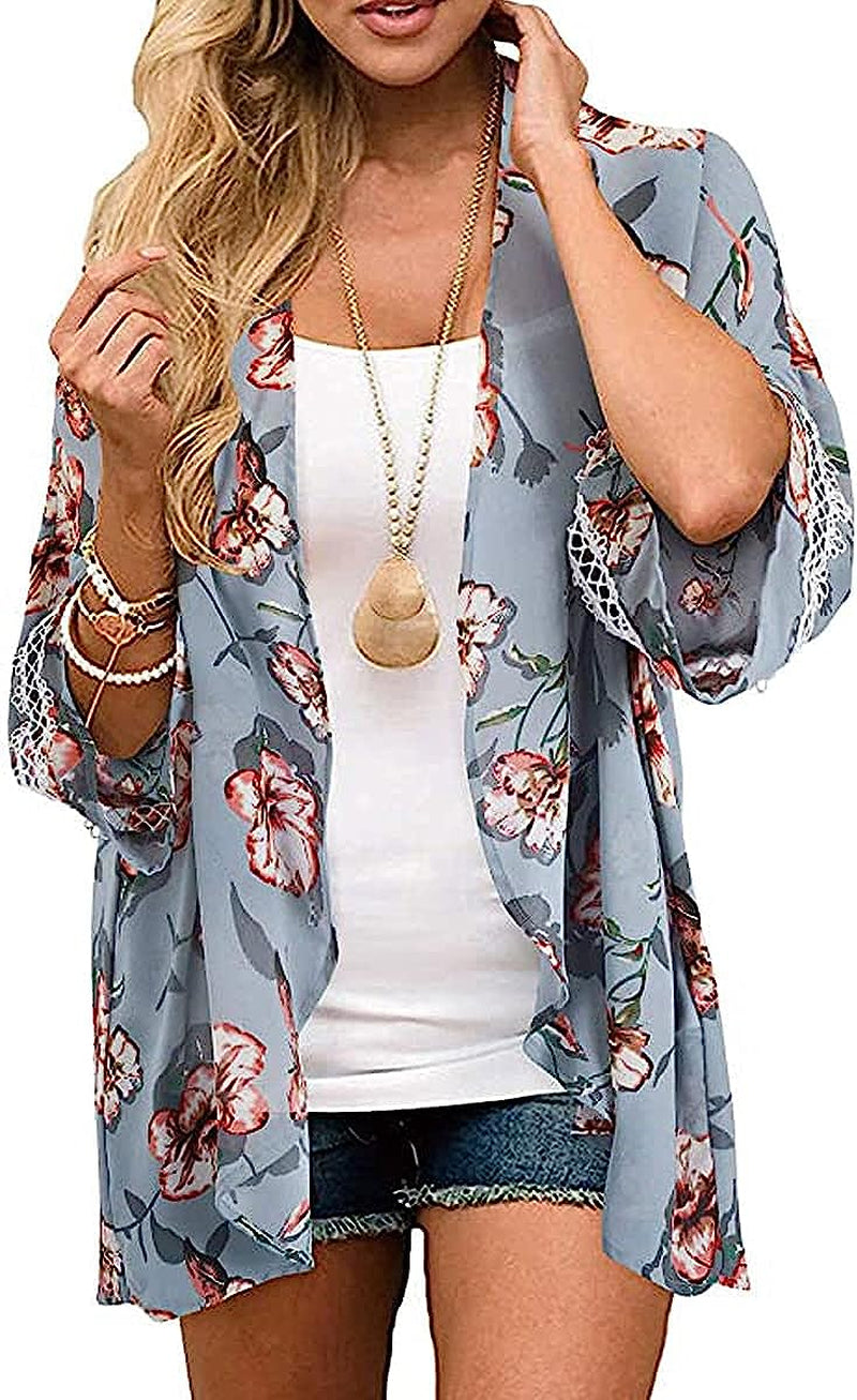  Women Floral Leaf Kimono Summer Cardigan Sheer Loose Half Sleeve Beach Shawl Chiffon Cover Up Casual Blouse Tops