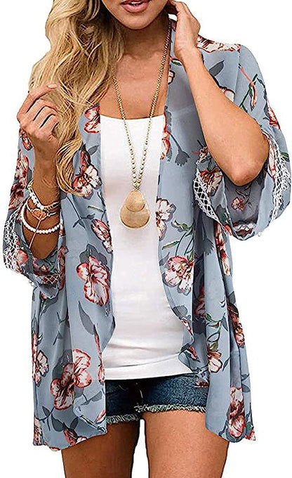  Women Floral Leaf Kimono Summer Cardigan Sheer Loose Half Sleeve Beach Shawl Chiffon Cover Up Casual Blouse Tops