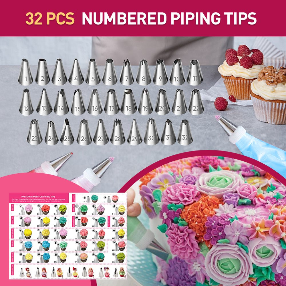 68 Pcs Cake Decorating Kit with 32 Numbered Icing Tips | 7 Korean Piping Tips | 21 Pastry Bags | 3 Cream Scrapers Baking Tools for Cake Lovers