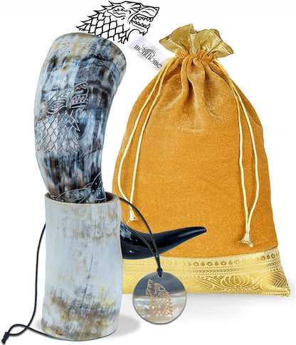 Engraved Medieval Norse Style Polished Drinking Horn Mug - with Horn Shot Glass | Bottle Opener | Golden Gift Bag | Large Horn Spoon | 20 Oz. (Carved Mug)