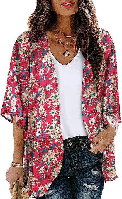  Women Floral Leaf Kimono Summer Cardigan Sheer Loose Half Sleeve Beach Shawl Chiffon Cover Up Casual Blouse Tops