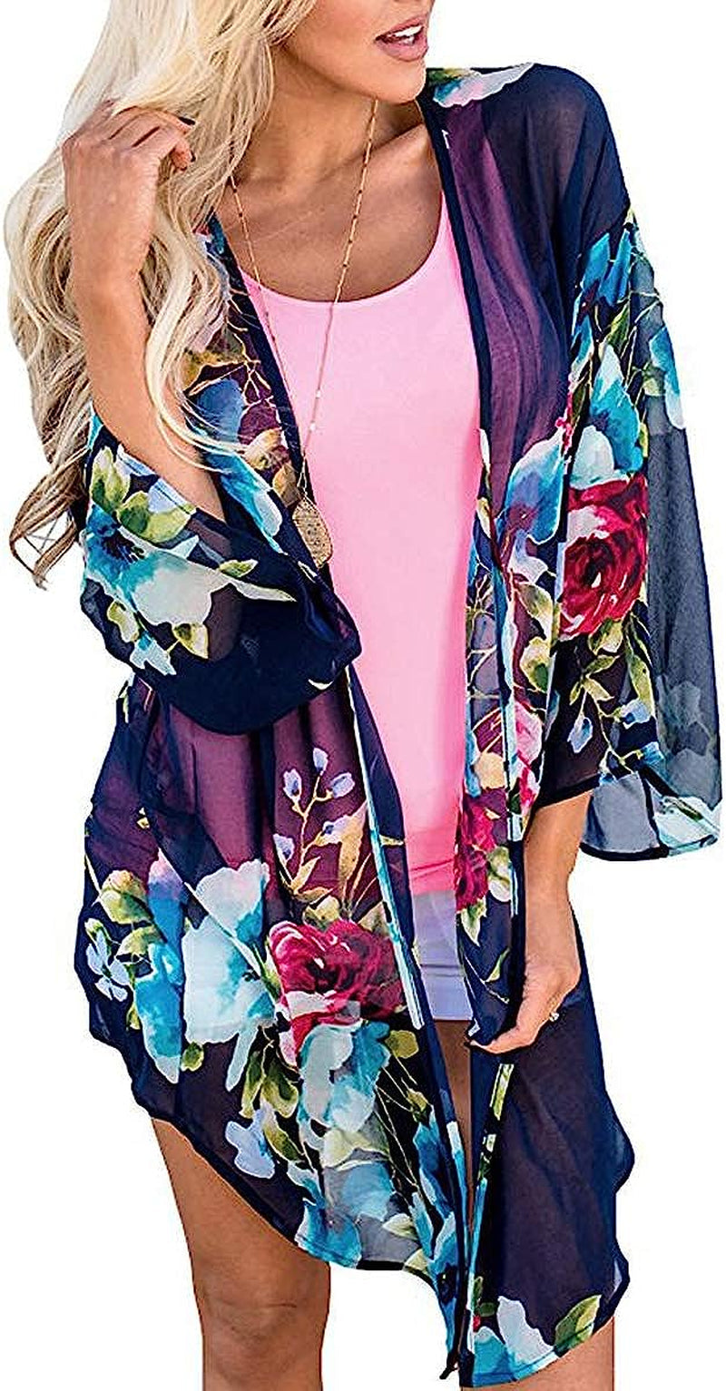 Women Floral Leaf Kimono Summer Cardigan Sheer Loose Half Sleeve Beach Shawl Chiffon Cover Up Casual Blouse Tops