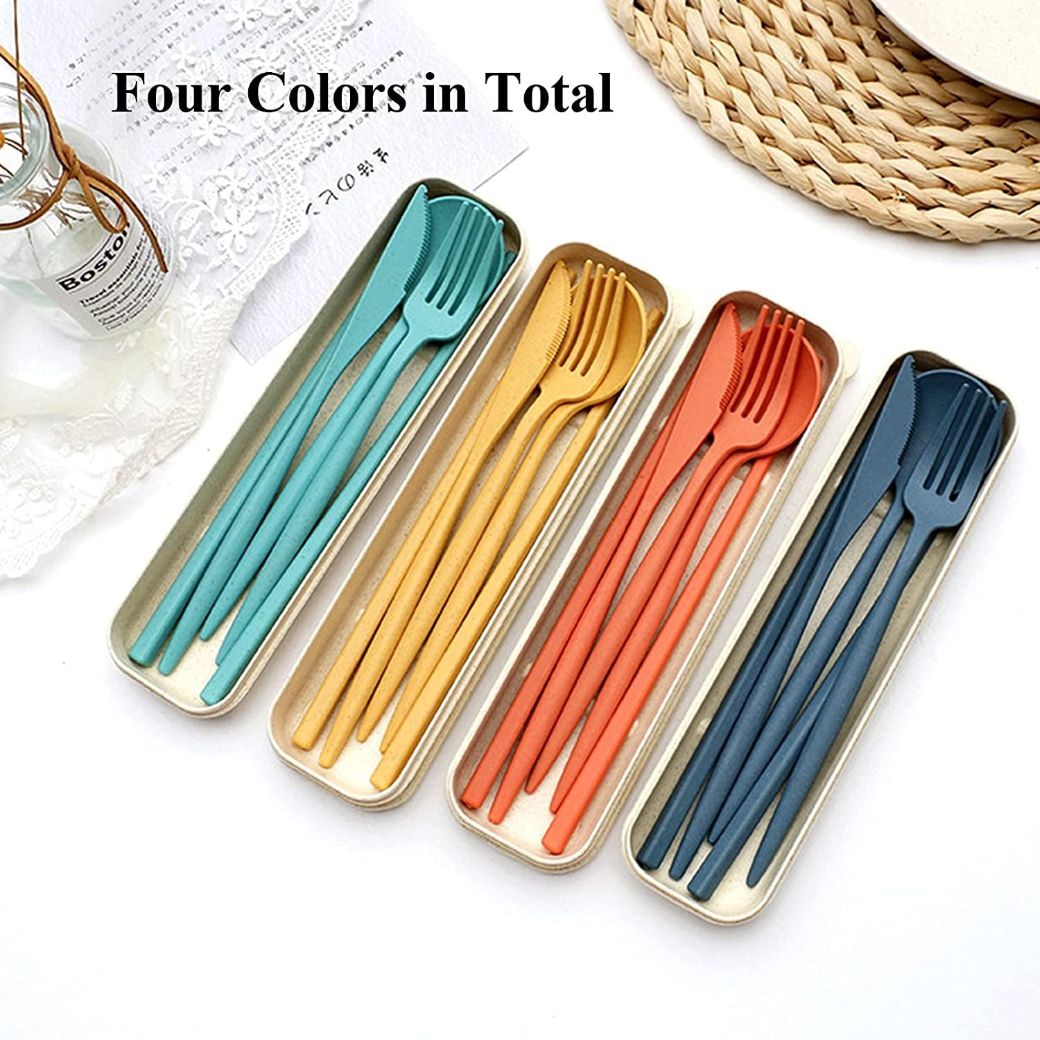 4 Sets Plastic Spoons and Forks Set Plastic Silverware, Portable Reusable Utensils Set with Case for Lunch Box, Picnic, Travel, Camping