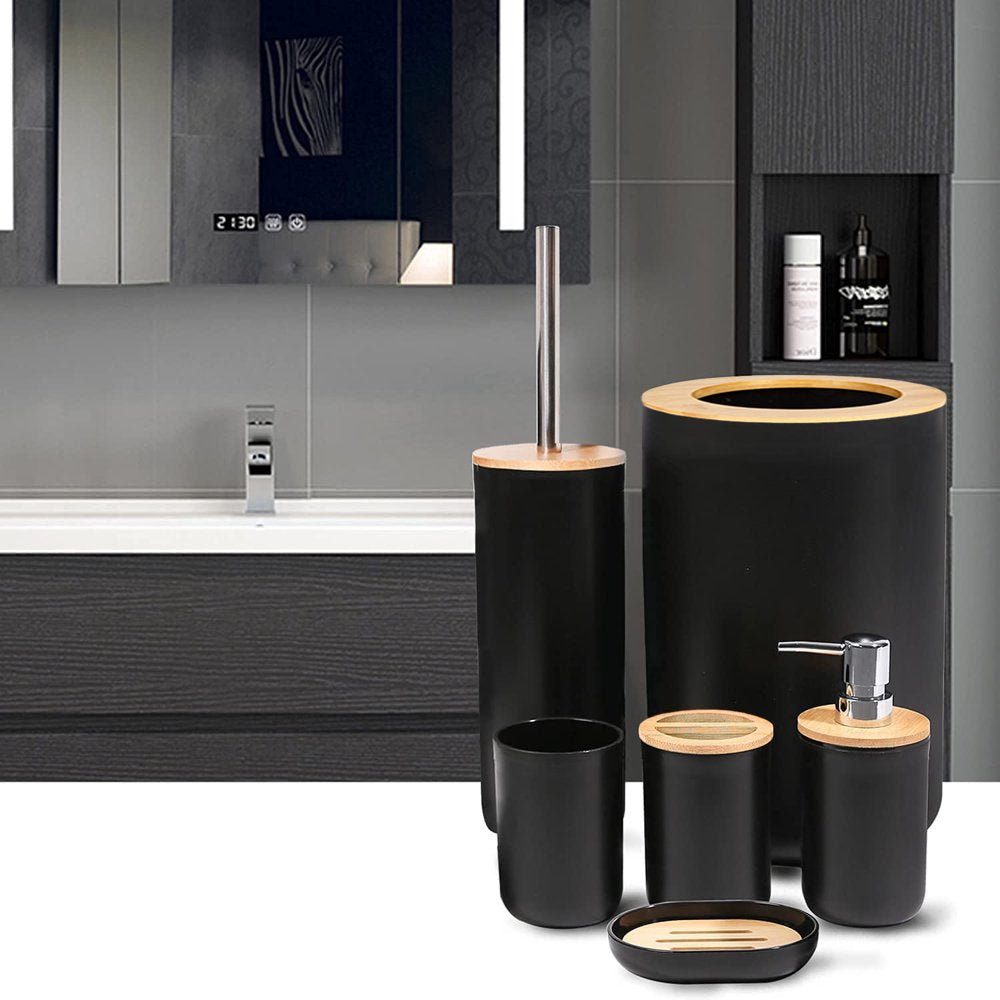 6 Pieces Bath Set- Soap Dish Toothbrush Holder Rinse Cup Lotion Bottle Trash Can Toilet Brush - Practical Toilet Kit for Home Washing Room，Black