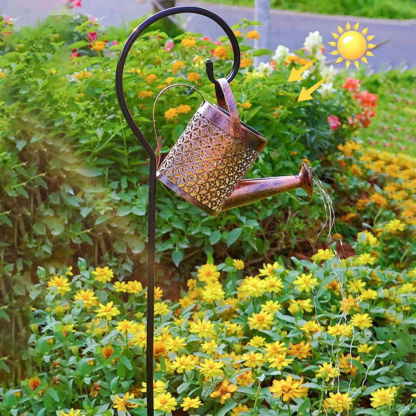Solar Waterfall Watering Can with Garden Lights & Shepherd Hook