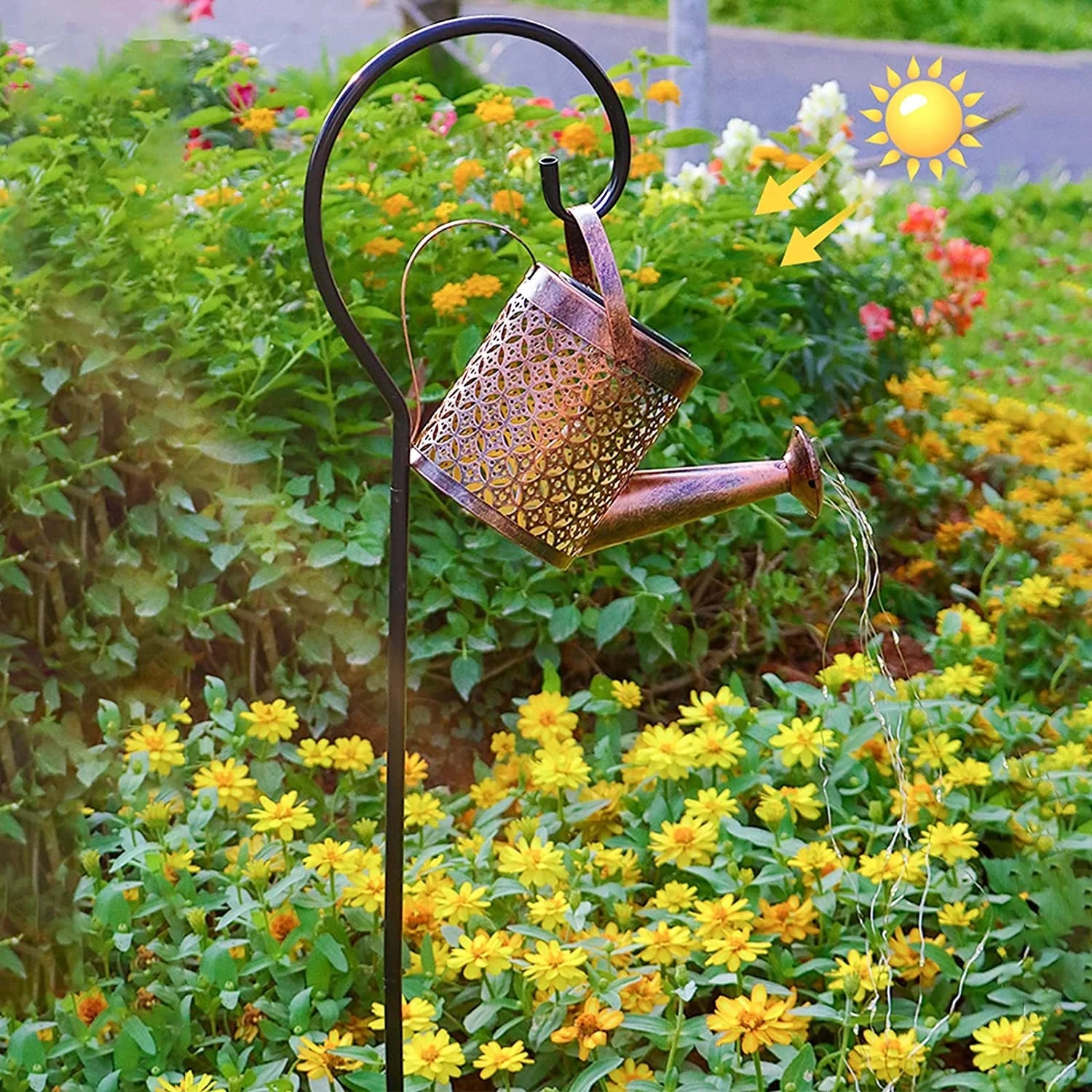 Solar Waterfall Watering Can with Garden Lights & Shepherd Hook