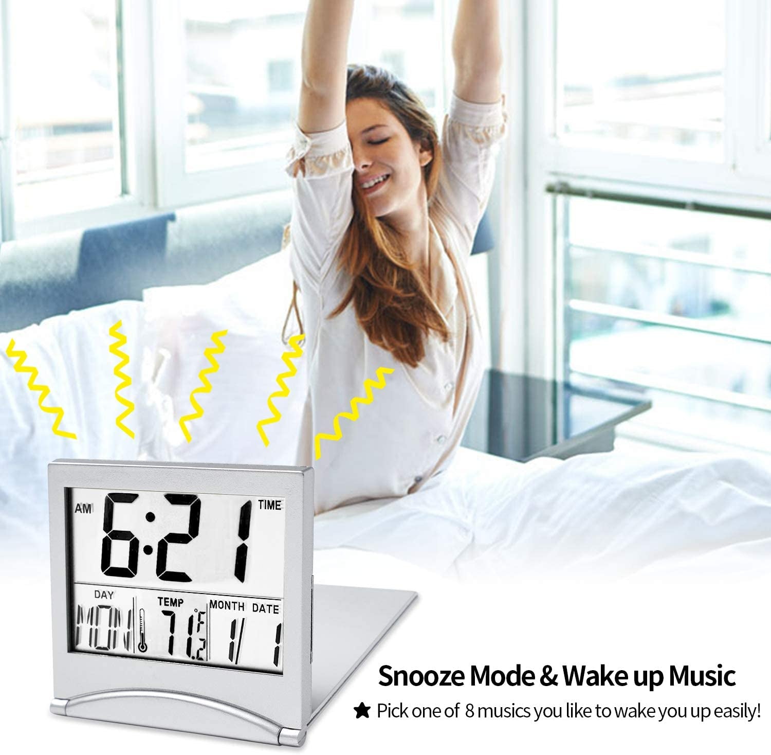 KANBIT Digital Travel Alarm Clock Battery Operated, Portable Large Number Display Alarm Clock with Temperature,12/24 H Small Desk Clock -Silver (NO Light)