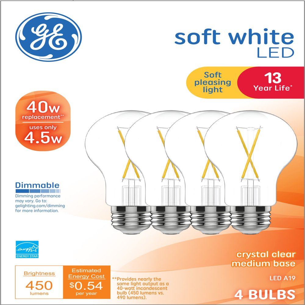 4Pk GE Soft White LED Light Bulbs, 60 Watt Eqv, A19 General Purpose