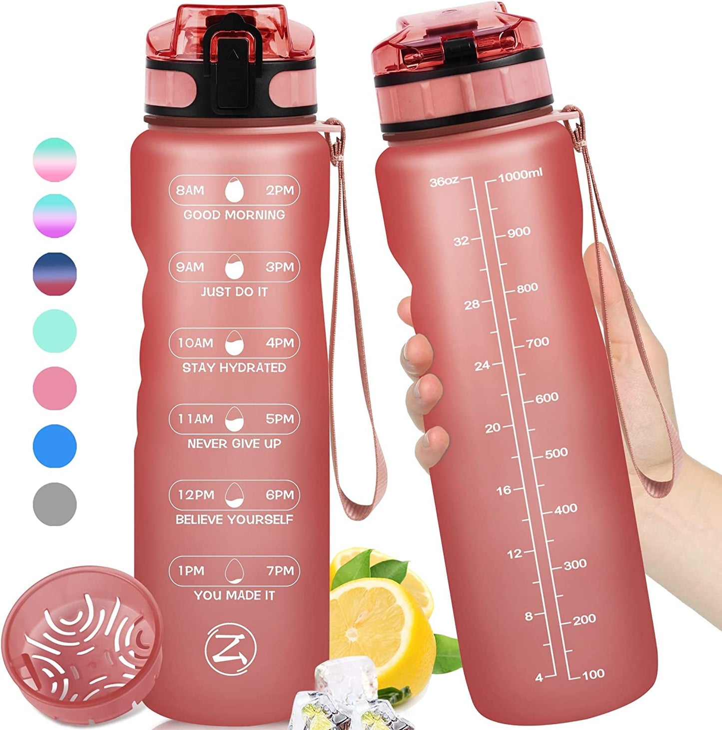  32oz Motivational Water Bottle with Times to Drink,Time Marker & Removable Strainer,Fast Flow,Leakproof Tritan BPA Free Non-Toxic Water Jug for Fitness,Gym,Sports