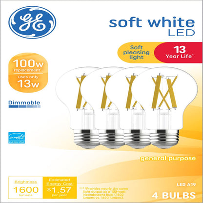 4Pk GE Soft White LED Light Bulbs, 60 Watt Eqv, A19 General Purpose