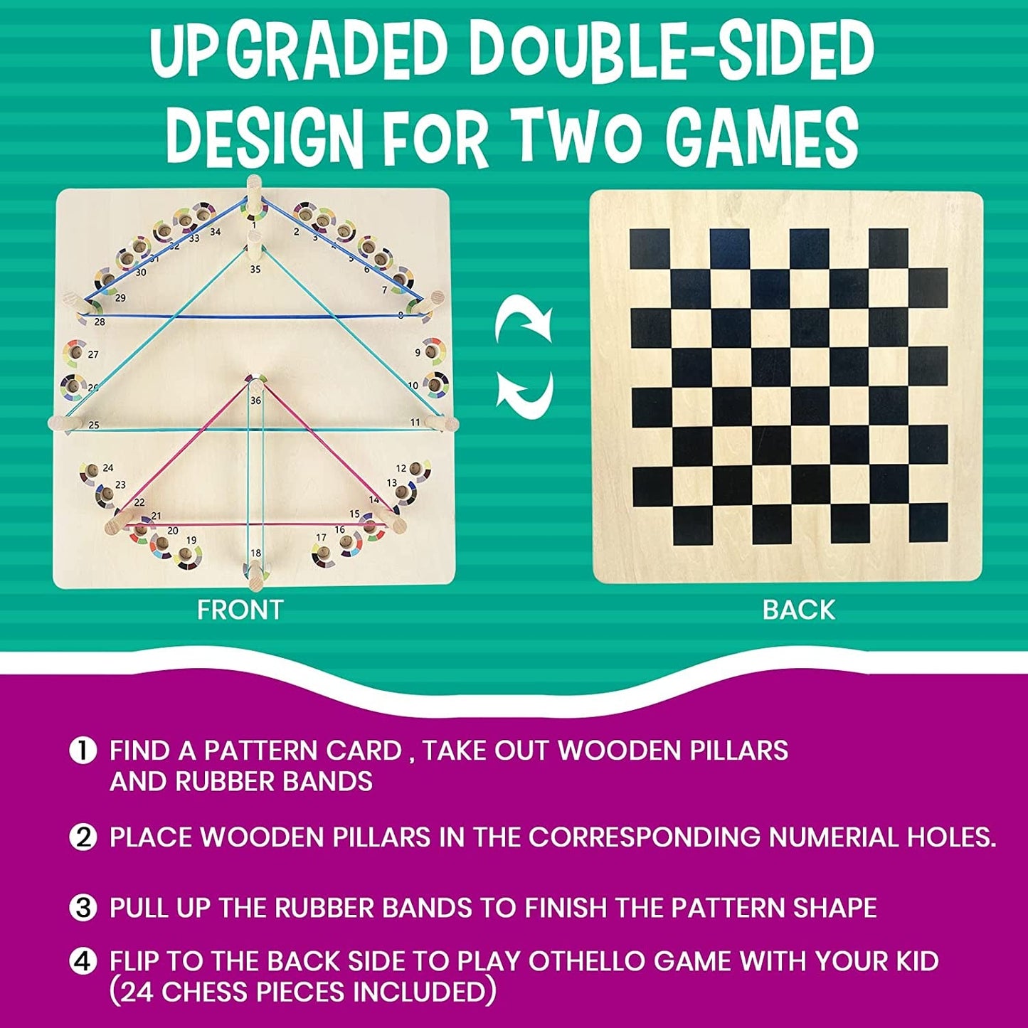 Upgraded Wooden Geoboard with Othello Board Game - Educational Montessori Toys Wooden Geoboards with Rubber Bands and Pattern Cards, Math Manipulative Material STEM Puzzle Brain Teaser Gift for Kid