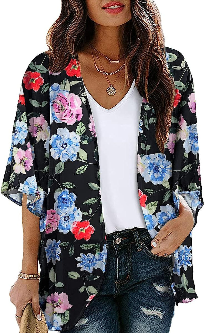  Women Floral Leaf Kimono Summer Cardigan Sheer Loose Half Sleeve Beach Shawl Chiffon Cover Up Casual Blouse Tops