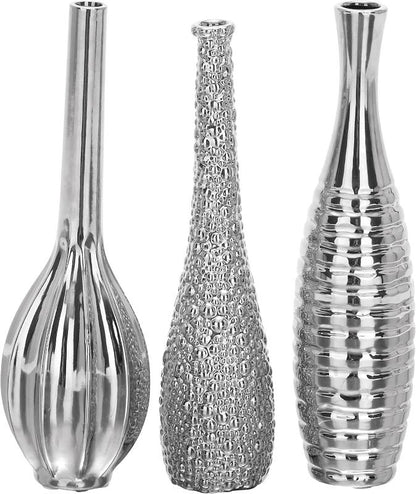 Set of 3 Ceramic Slim Textured Bottleneck Vase with Varying Patterns