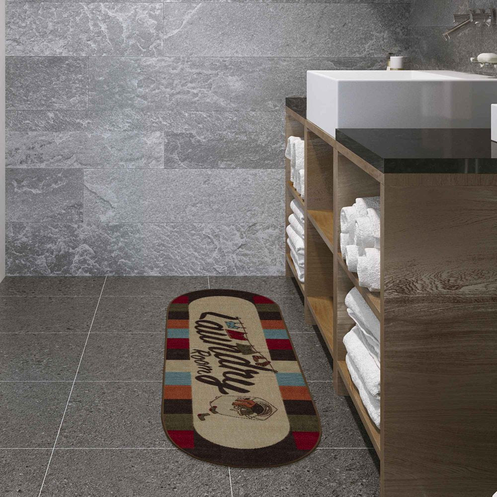 Washtown Non-Slip Rubberback Checkered Border 2X5 Laundry Room Runner Rug, 20" X 59" Oval, Multicolor