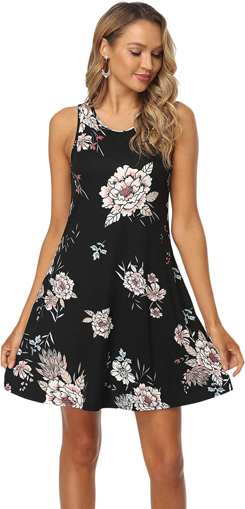 Qurvoo Women's Short Summer Casual Dress Floral Tank Sleeveless/Short Sleeve Dress with Pockets