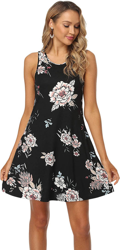 Qurvoo Women's Short Summer Casual Dress Floral Tank Sleeveless/Short Sleeve Dress with Pockets