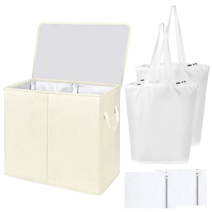 Double Laundry Hamper with Lid and Removable Laundry Bags, Large Collapsible 2 Dividers Dirty Clothes Basket with Handles for Bedroom, Laundry Room, Closet, Bathroom, College, Dark Gray