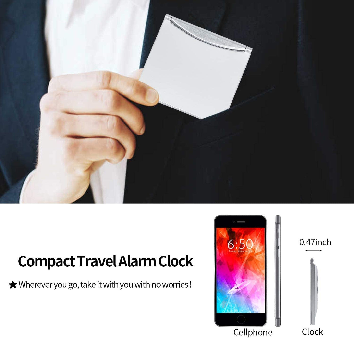 KANBIT Digital Travel Alarm Clock Battery Operated, Portable Large Number Display Alarm Clock with Temperature,12/24 H Small Desk Clock -Silver (NO Light)