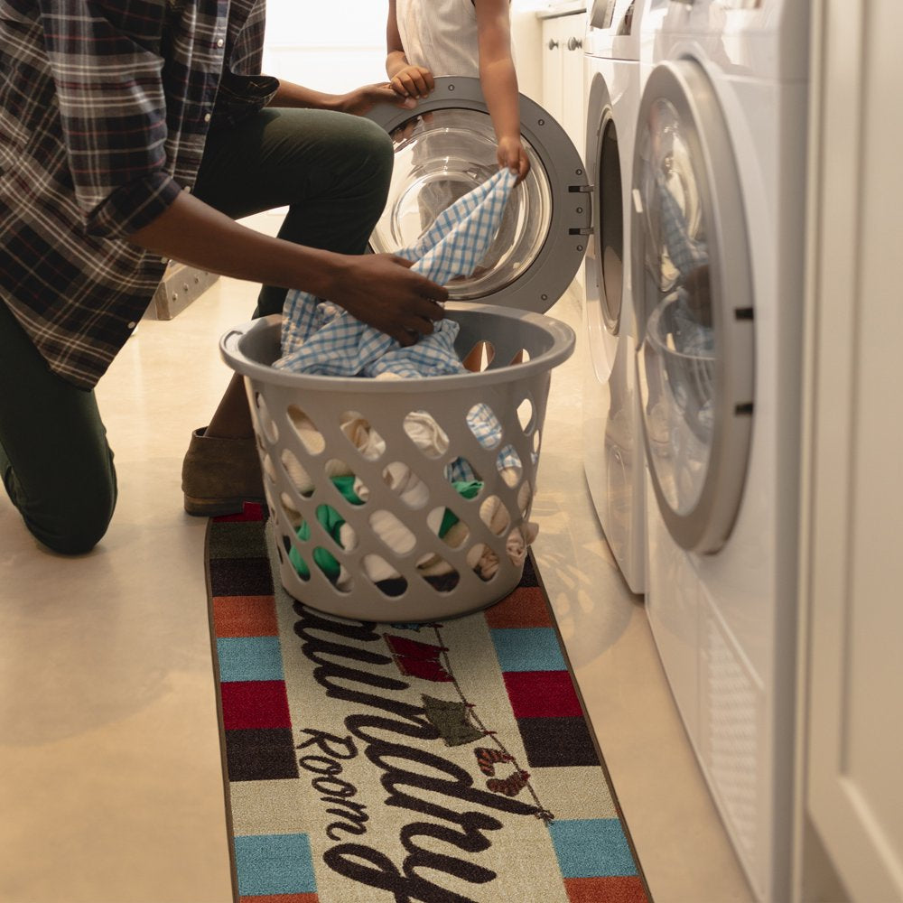 Washtown Non-Slip Rubberback Checkered Border 2X5 Laundry Room Runner Rug, 20" X 59" Oval, Multicolor