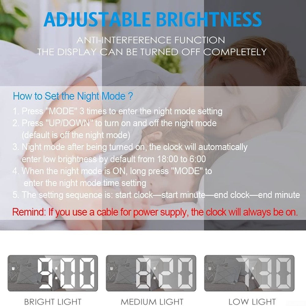 LED Digital Alarm Clock with Temperature Display & Adjustable Brightness