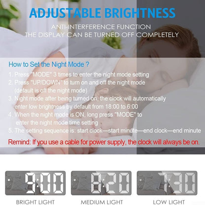 LED Digital Alarm Clock with Temperature Display & Adjustable Brightness