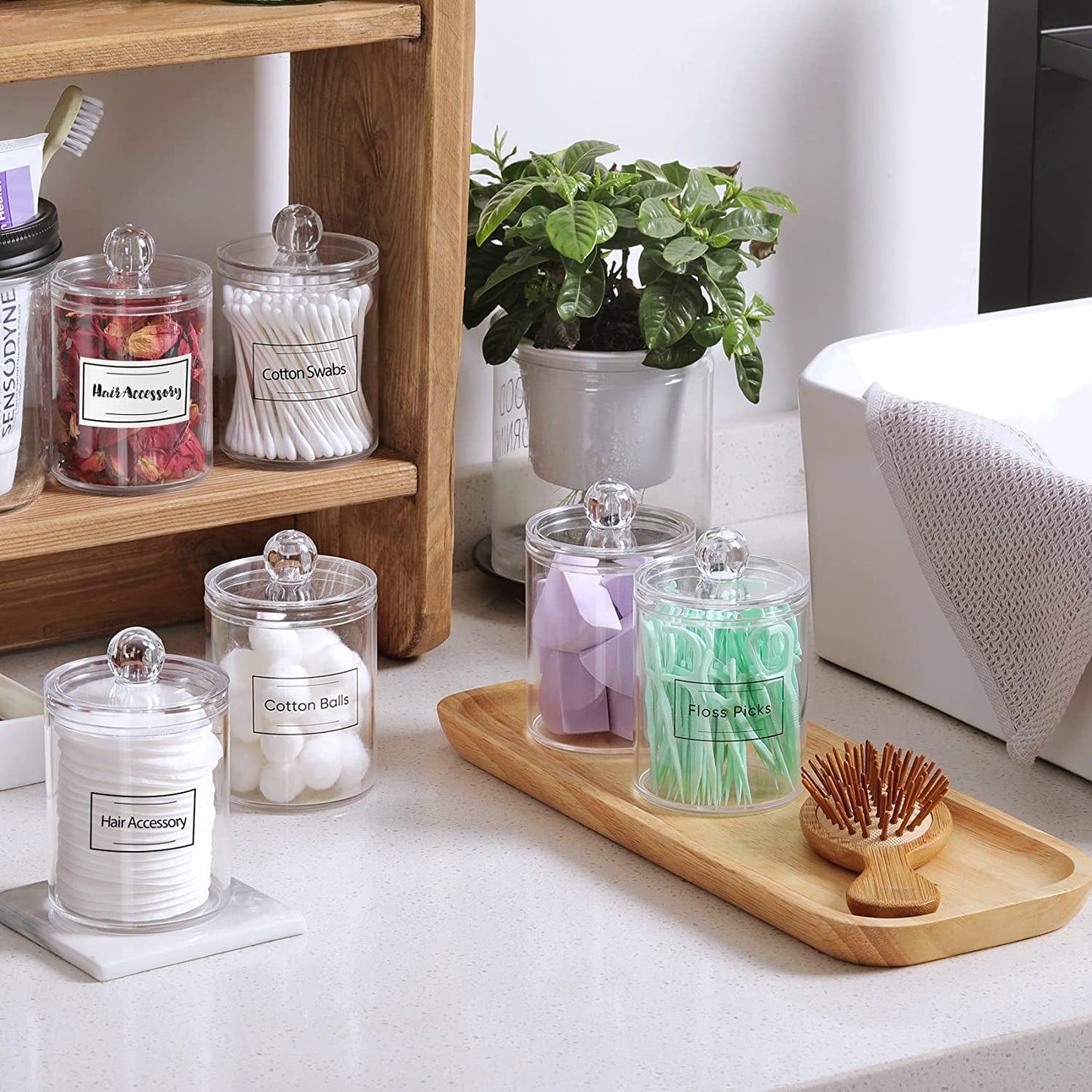 6 Pack Clear Plastic Apothecary Jar Set for Bathroom Canister Storage Organization