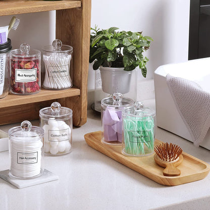 6 Pack Clear Plastic Apothecary Jar Set for Bathroom Canister Storage Organization