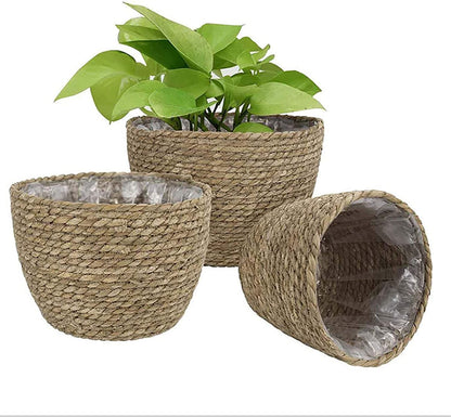  Seagrass Basket Planters, Flower Pots Cover Storage Basket Plant Containers Hand Woven Basket Planter with Plastic Liners Straw Flower Pot for Indoor Outdoor Plant Flower Pots