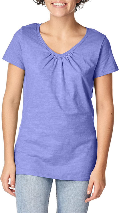 Hanes Women's Shirts, Slub Cotton Shirred V-Neck Tee, Cotton T-Shirts for Women, Women’s Tee Shirts