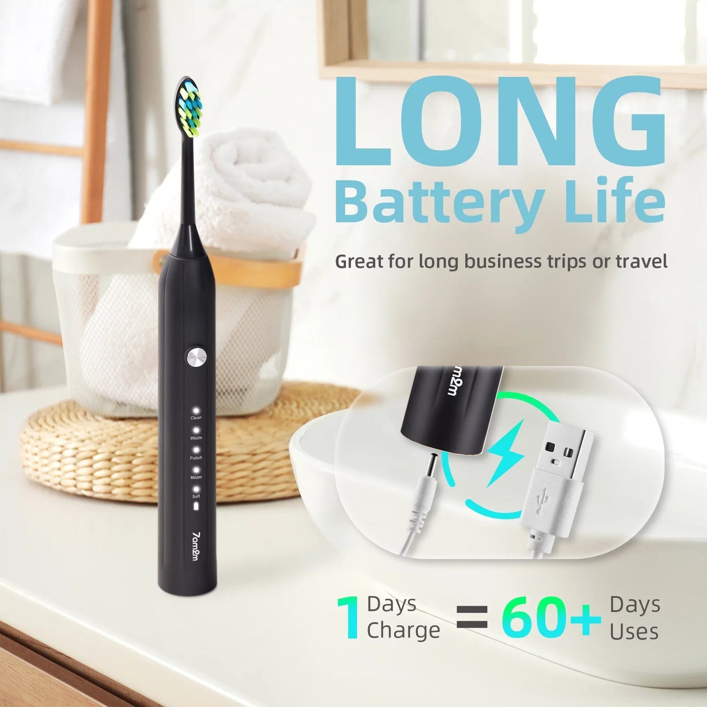 Sonic Electric Toothbrush-One Charge for 90 Days with 6 Brush Heads