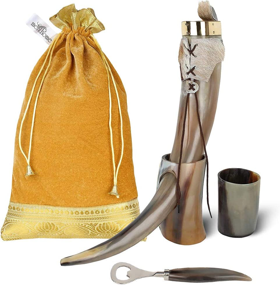 Engraved Medieval Norse Style Polished Drinking Horn Mug - with Horn Shot Glass | Bottle Opener | Golden Gift Bag | Large Horn Spoon | 20 Oz. (Carved Mug)
