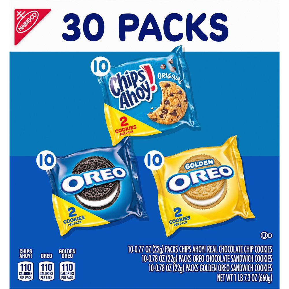30 Snack Packs - Nabisco Cookie Variety Pack OREO, OREO Golden & CHIPS AHOY! (2 Cookies per Pack)