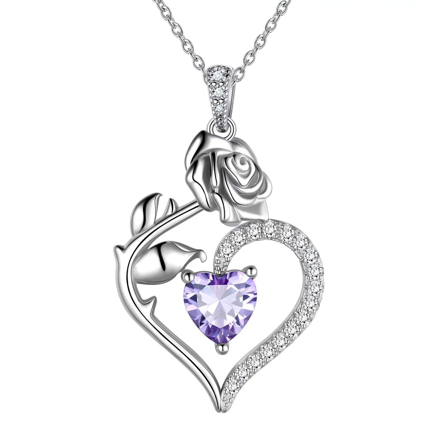 925 Sterling Silver Birthstone Necklace -  Rose Flower Heart Pendant with Chain