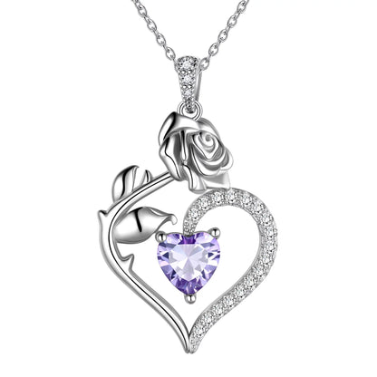925 Sterling Silver Birthstone Necklace -  Rose Flower Heart Pendant with Chain
