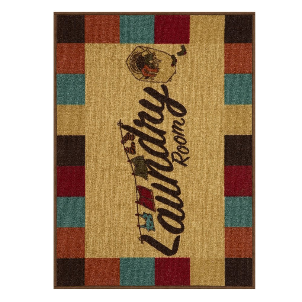 Washtown Non-Slip Rubberback Checkered Border 2X5 Laundry Room Runner Rug, 20" X 59" Oval, Multicolor